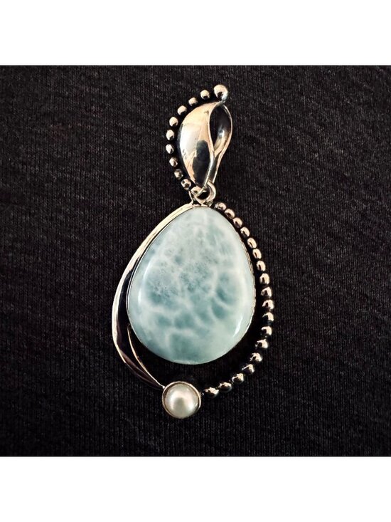Jewelry - SAJEN Sterling Silver 925 Large Larimar & Pearl Bezel Set Pendant Size 2.25"